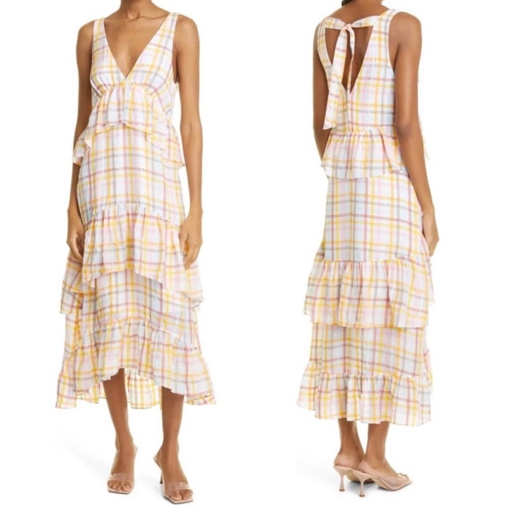 cinq a sept Yellow & White Plaid Maxi Dress